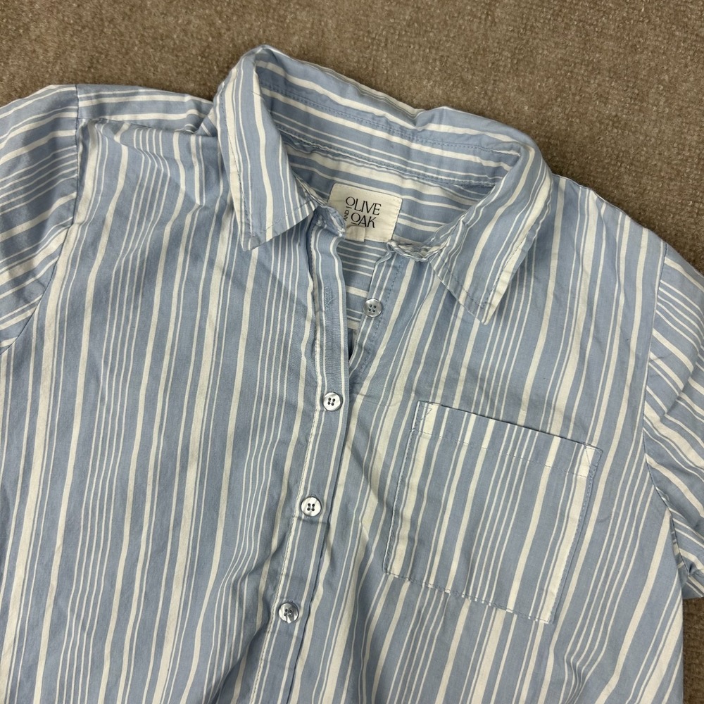 Olive & Oak Shirt Womens Medium Blue White Striped Tie Front Collar Button Front